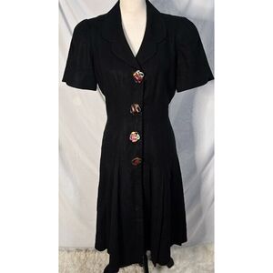 Vintage 90s 80s Linen A Line Dress Button Front Pleated Black Old Money
